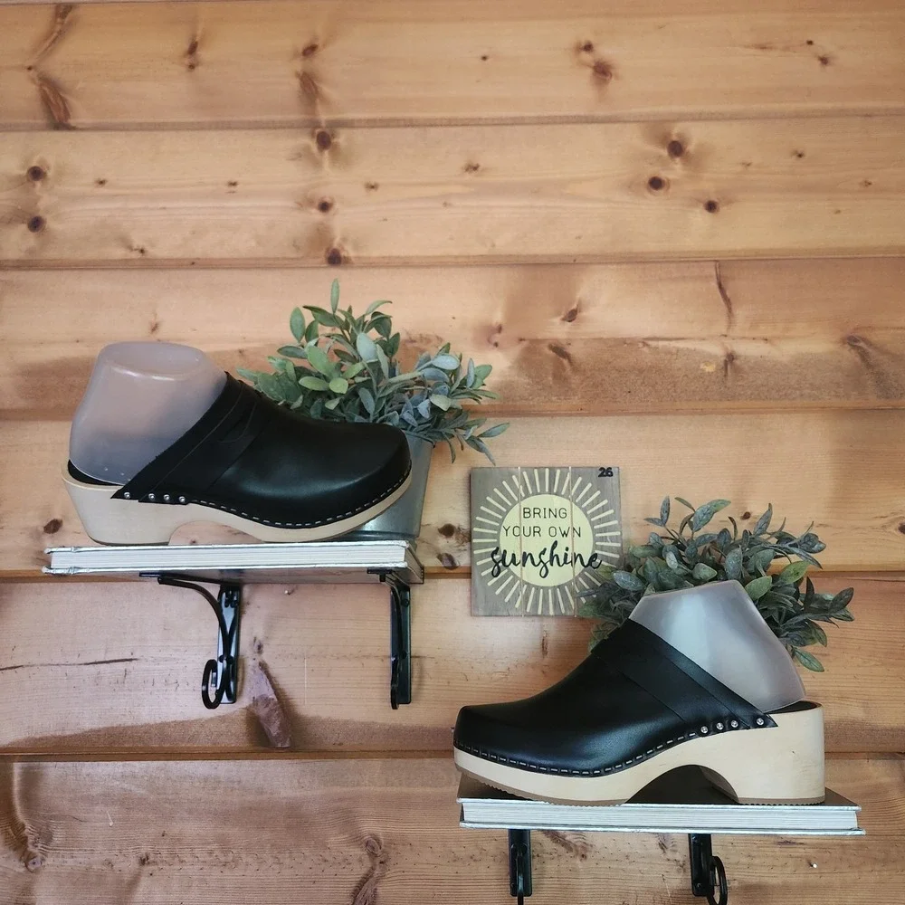 Aormatou Black Leather Wooden Penny Loafer Clogs Handmade Block Heel Shoes Sz 8 - Picture 1 of 7